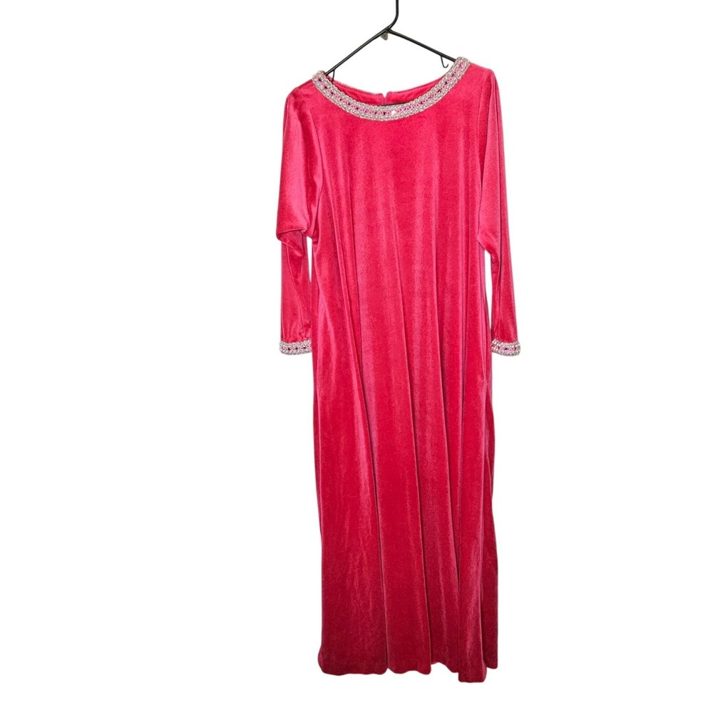 Vintage Neusteters Pink Velour Evening Maxi Gown Pearl Rhinestone Embellishments